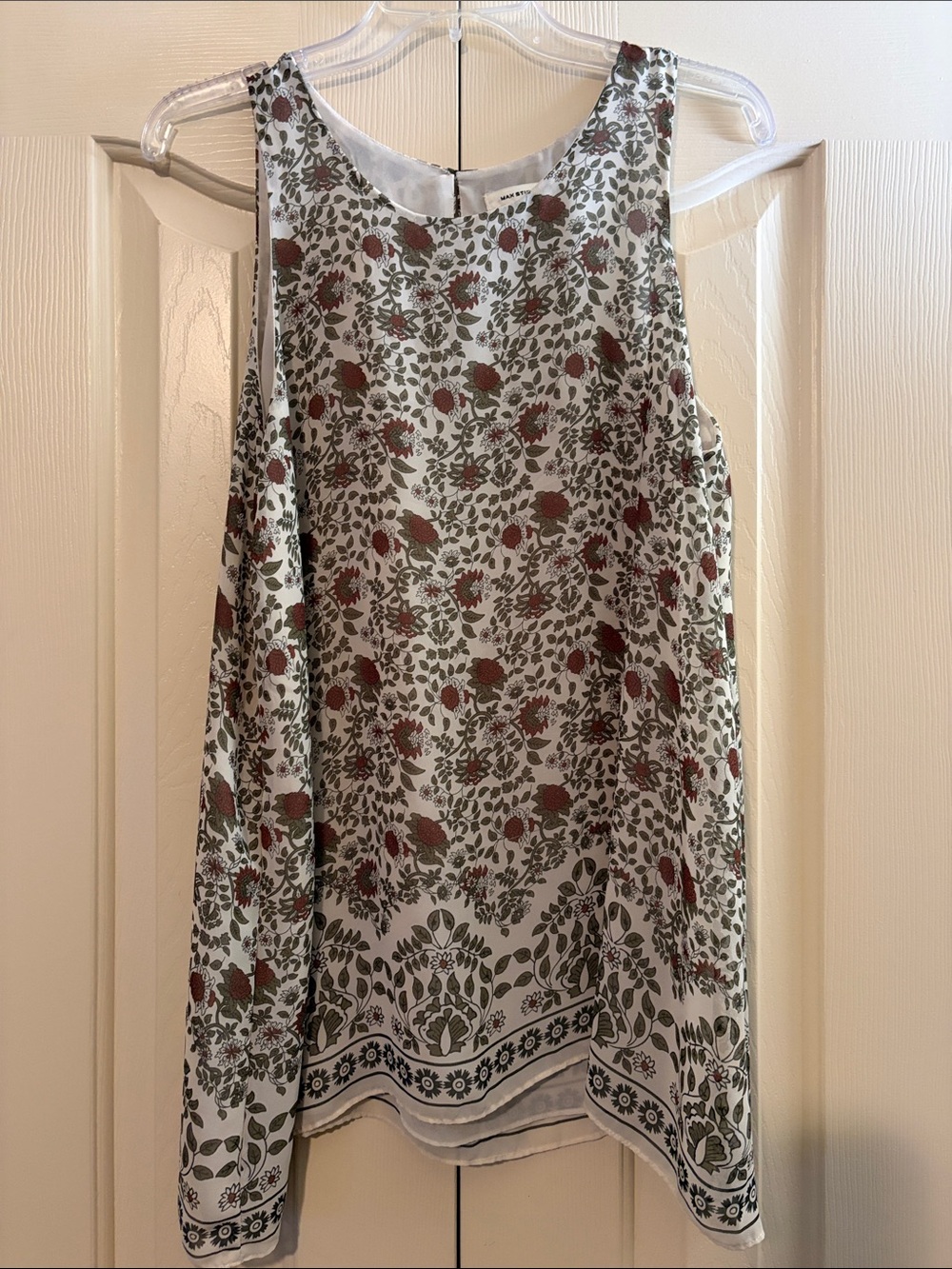 Max Studio White Floral Sleeveless Camisole with Olive and Rust Print